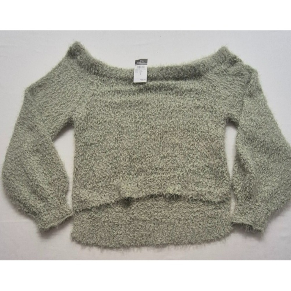 NWT Rue 21 women's green off the shoulder fuzzy tight knit pullover sweater LG